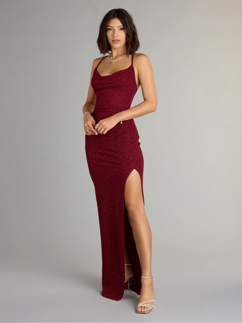 Burgundy Glitter Ruched Maxi Dress Occasion– Size Small